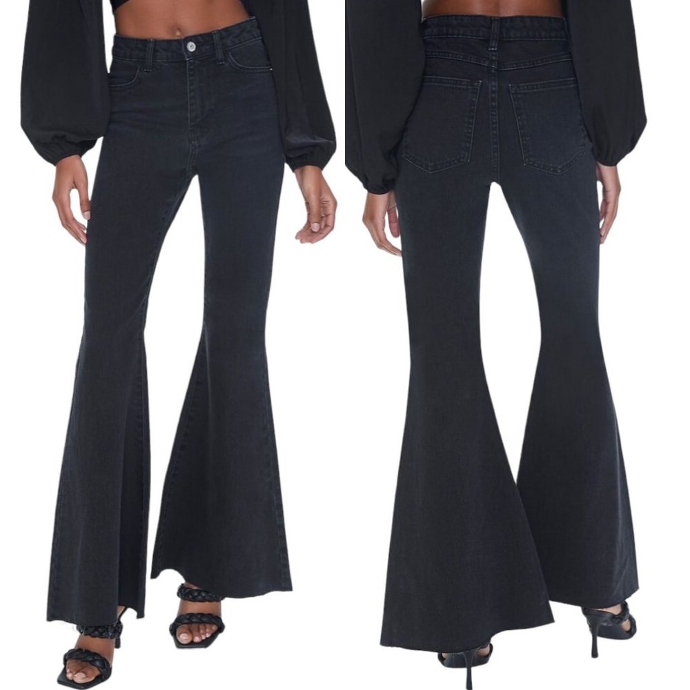 Forever 21 Mid-Rise 70s Bell Flare Raw Hem Jeans in Washed Black Denim Size 27